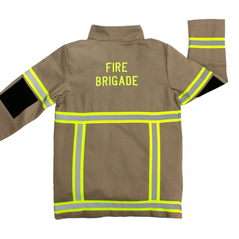 A tan coloured 100% cotton chlidrens Firefighter costume with Fire Brigade embroidered on the back