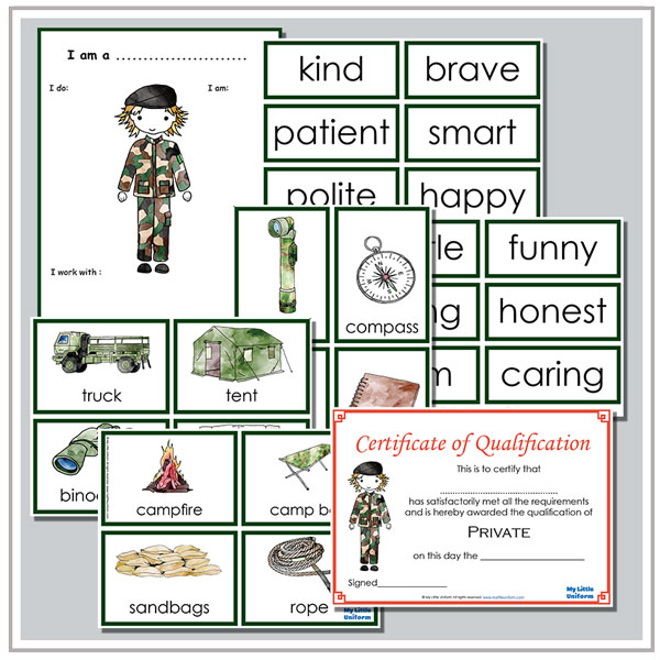 a selection of dramatic play resources for army themed play