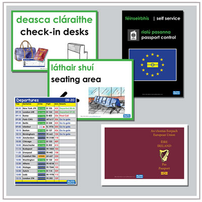 Irish and English language posters for airport role play for the classroom