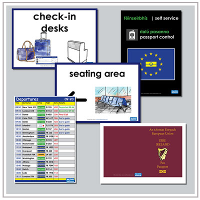 Irish language posters for the airport theme for aistear in early years classroom